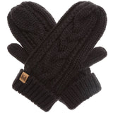Cable Knit Fleece Lined Mittens in Black