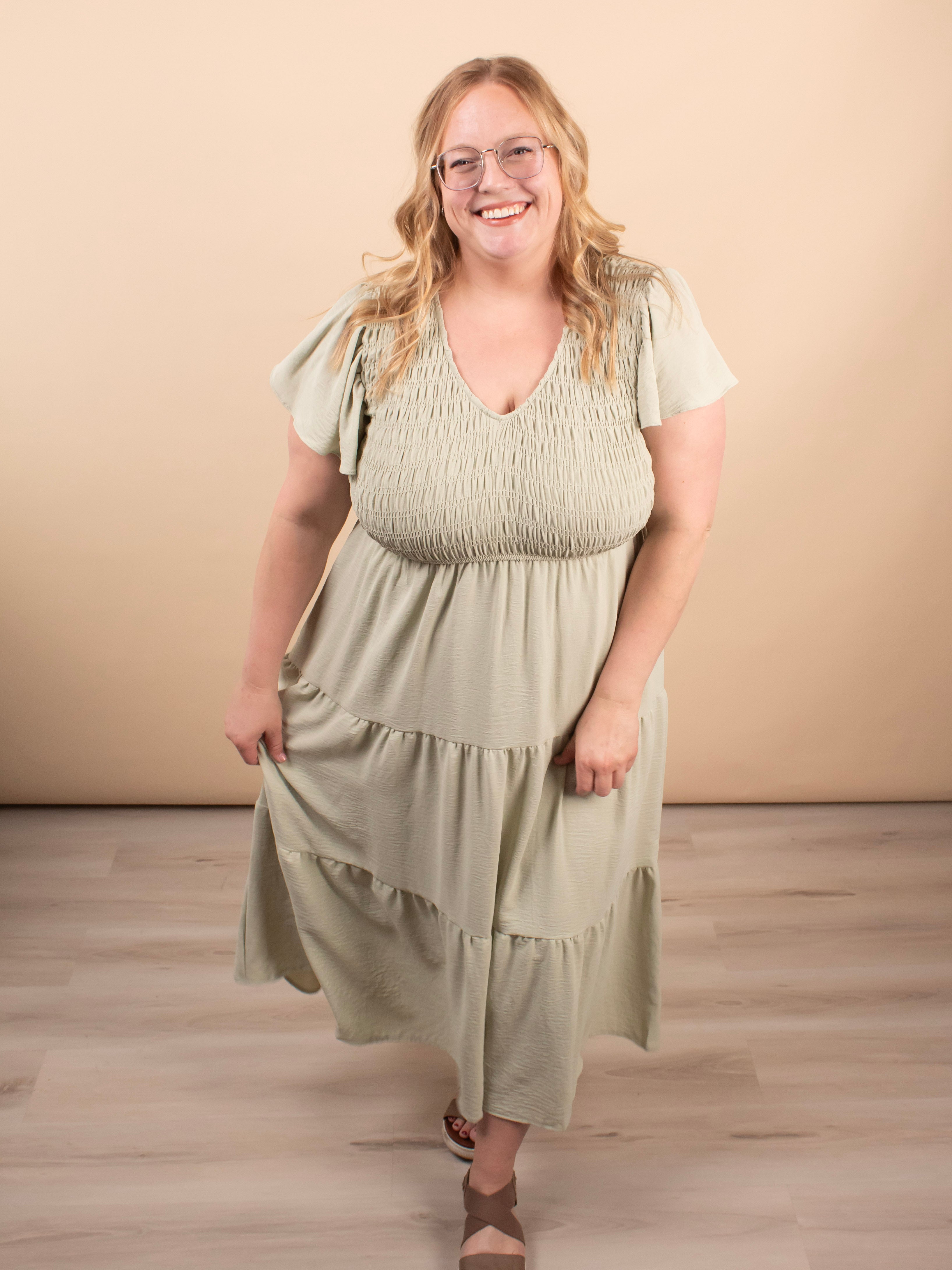 Sage Flutter Sleeve Midi Dress for Women (S–3XL)