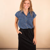 Ribbed Midi Skirt with Pockets in Black