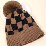 Black & Brown Checkered Pom Beanie