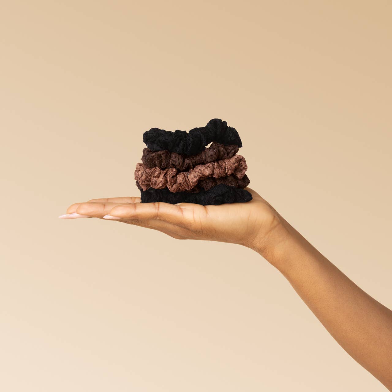 Ruched Lace Scrunchies 5pc Set - Black, Chocolate & Mocha - K & Company