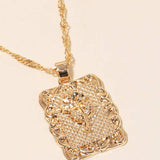 Gold Rectangle Rose Pendant Necklace