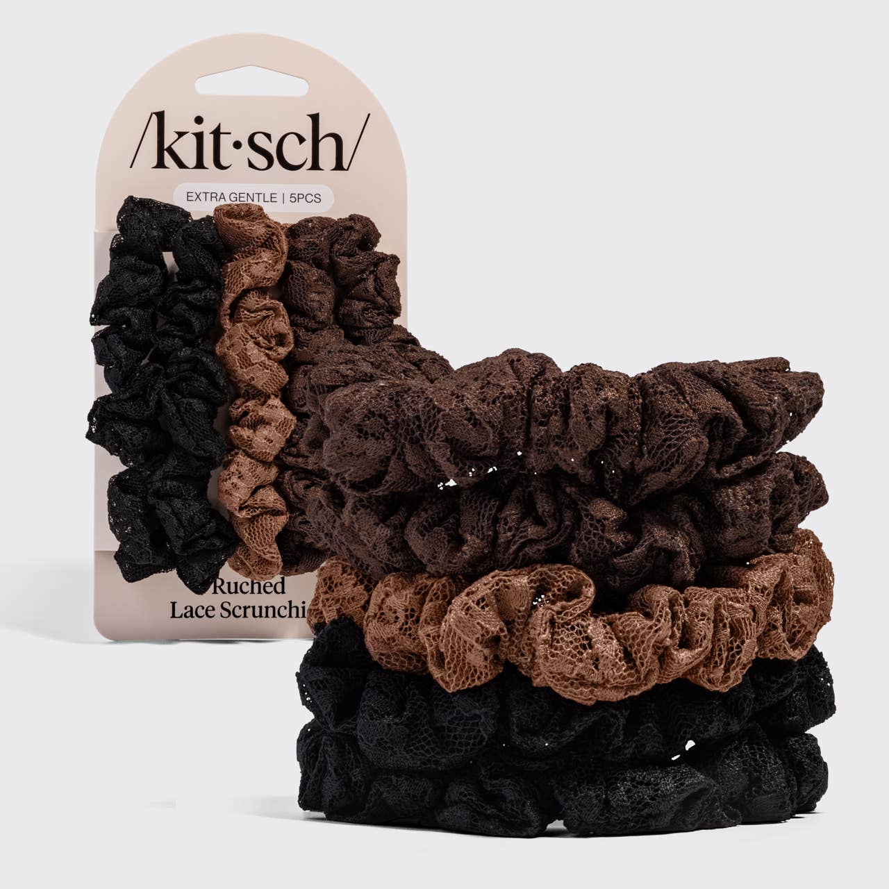 Ruched Lace Scrunchies 5pc Set - Black, Chocolate & Mocha - K & Company