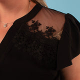 Black Ruffle Sleeve Lace Trim Top