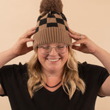 Black & Brown Checkered Pom Beanie