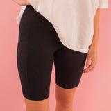 Black Cotton Wide Waistband Biker Shorts with Pockets