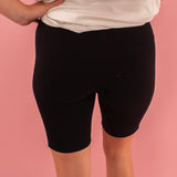 Black Cotton Wide Waistband Biker Shorts with Pockets