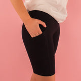 Black Cotton Wide Waistband Biker Shorts with Pockets