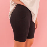 Black Cotton Wide Waistband Biker Shorts with Pockets