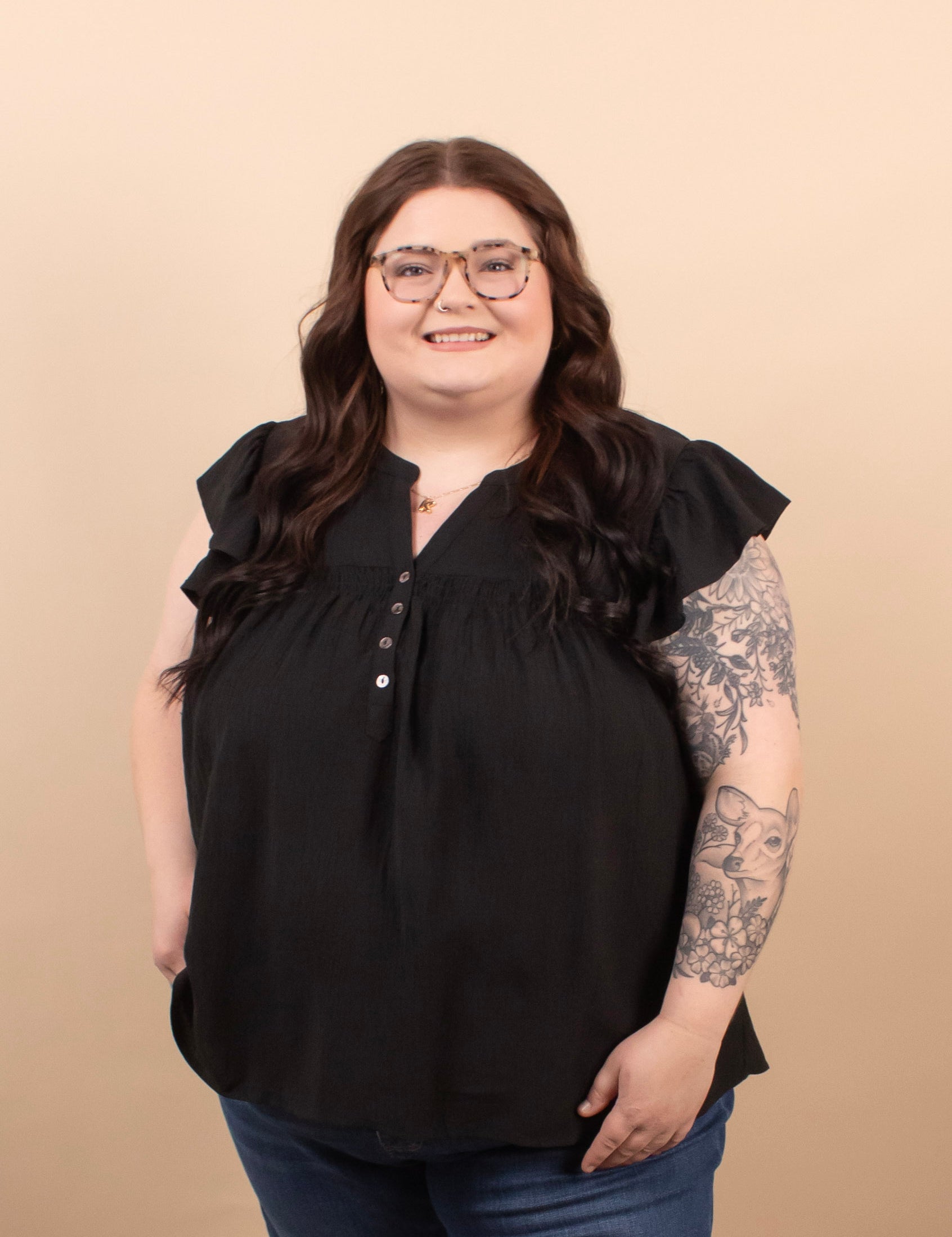 Camille flutter sleeve black blouse women's boutique clothing sizes S-3XL