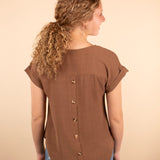 Corinne Back Button Top in Cafe