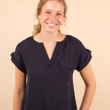 Corinne Back Button Top in Navy