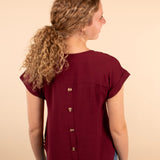 Corinne Back Button Top in Wine