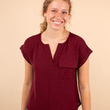 Corinne Back Button Top in Wine