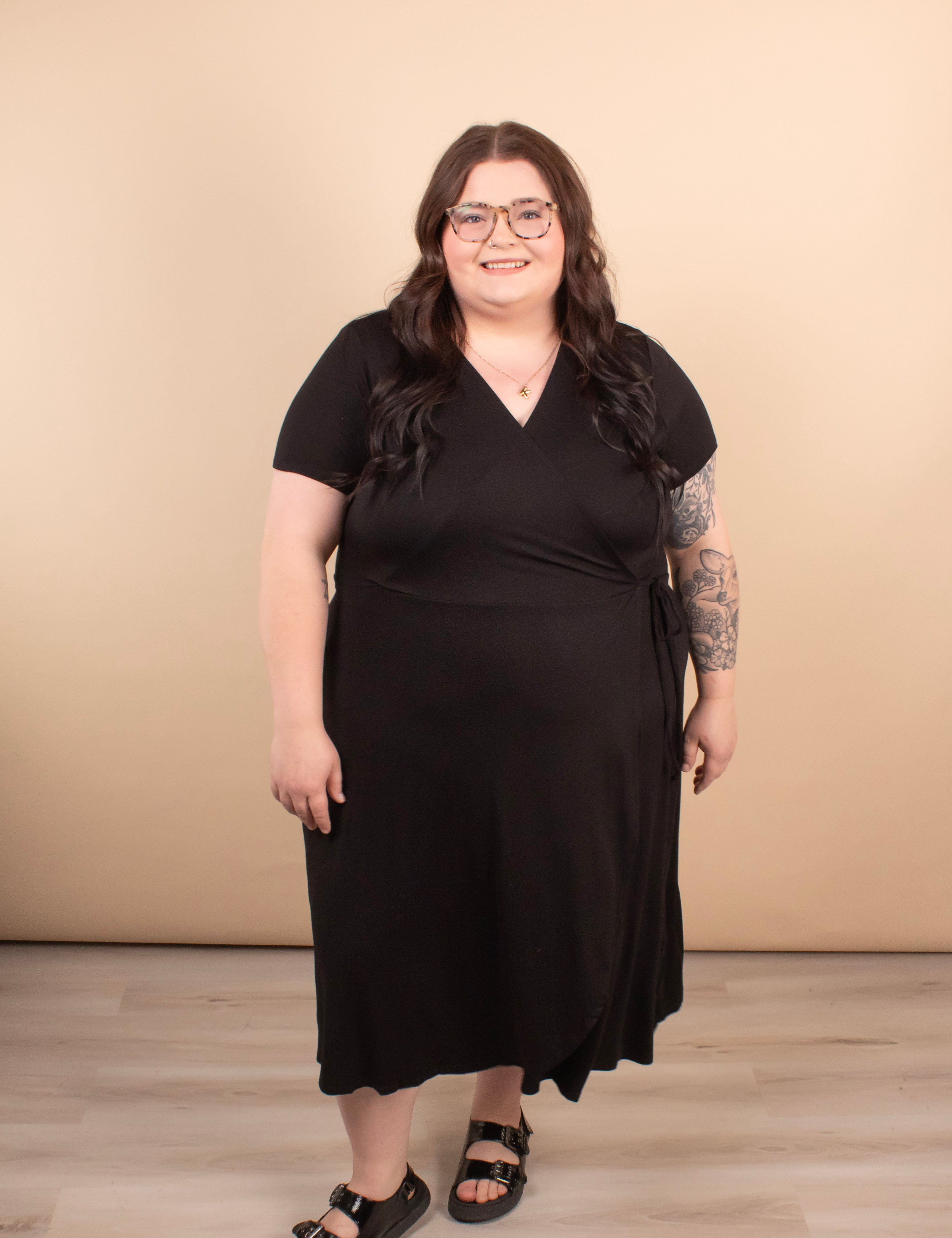 Go-To Wrap Midi Dress in Black - K & Company