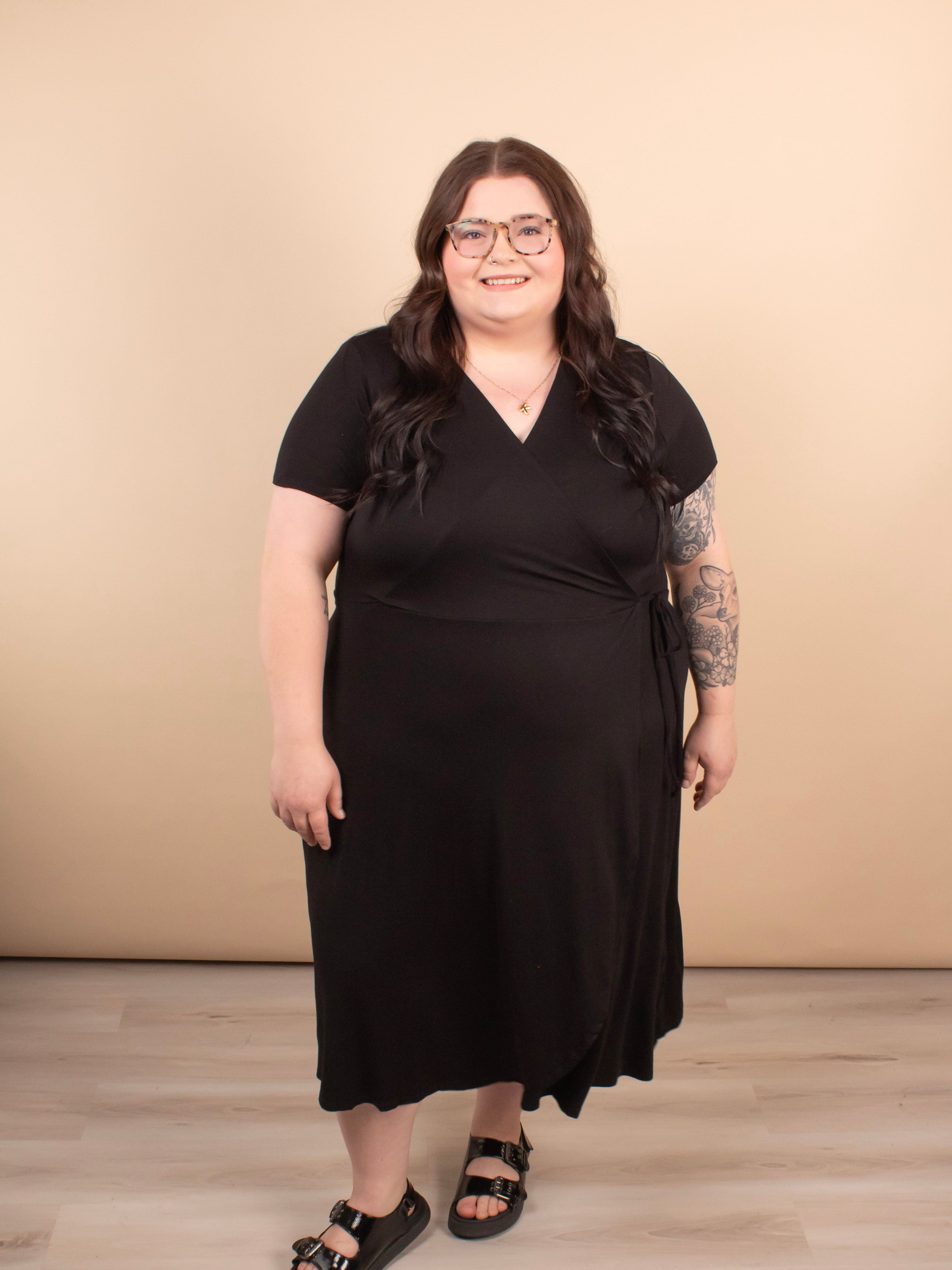 Go-To Wrap Midi Dress in Black - K & Company