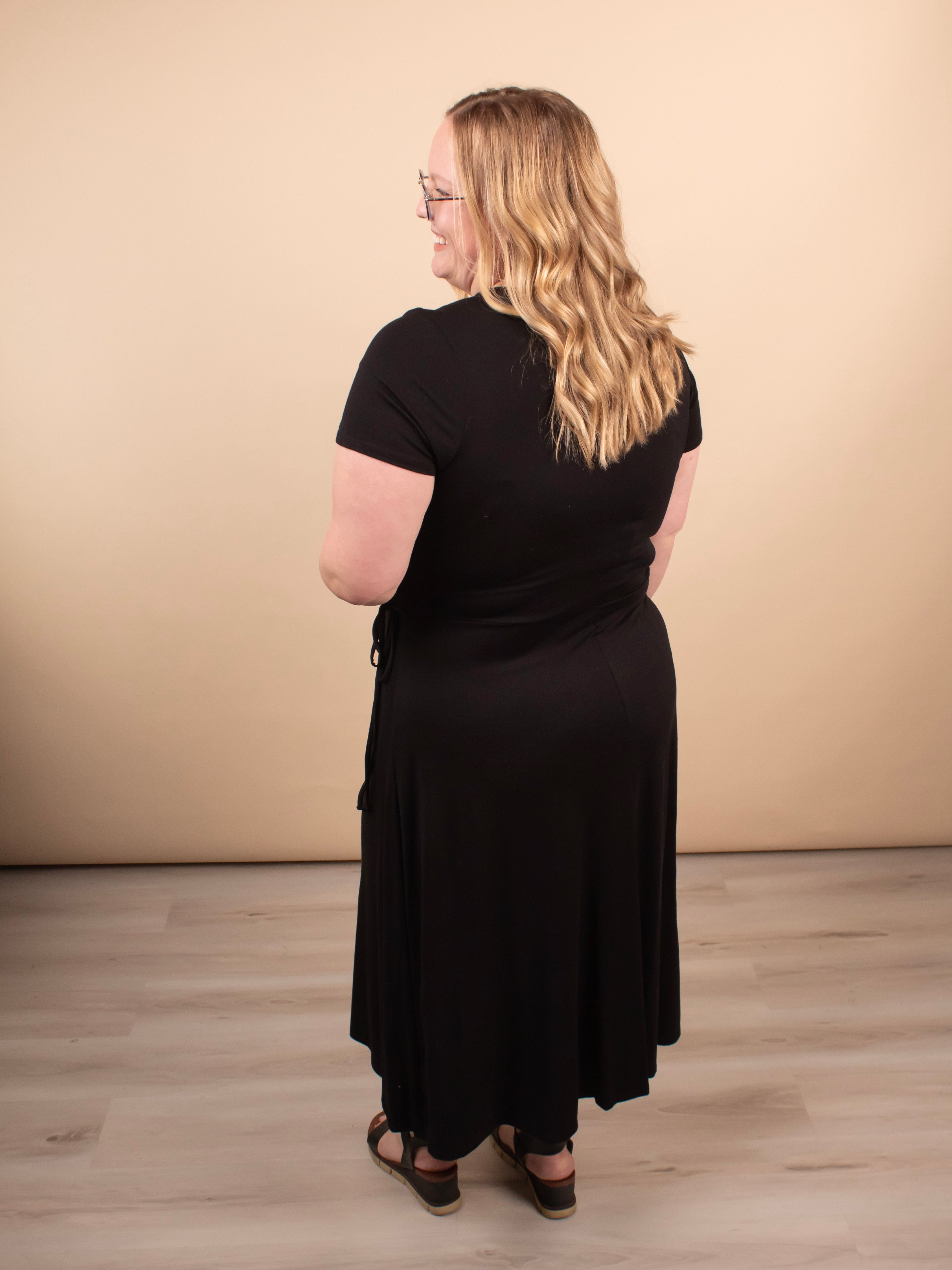 Go-To Wrap Midi Dress in Black - K & Company