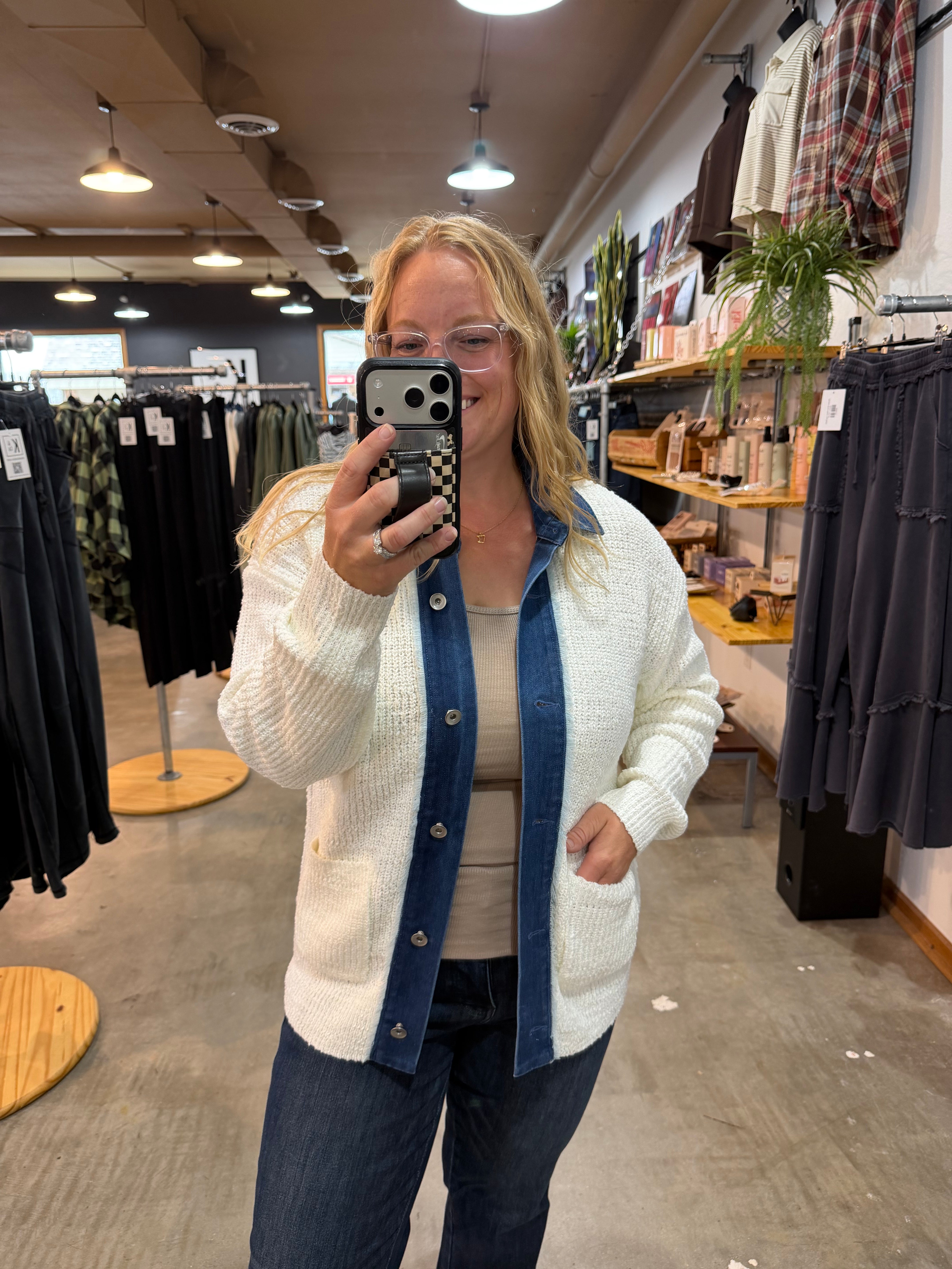 Lennon Denim Contrast Button Up Cardigan - K & Company