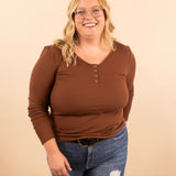 Katie Snap Henley Top in Brown