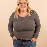 Katie Snap Henley Top in Charcoal