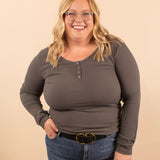 Katie Snap Henley Top in Charcoal