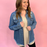 Light Wash Distressed Denim Button Up