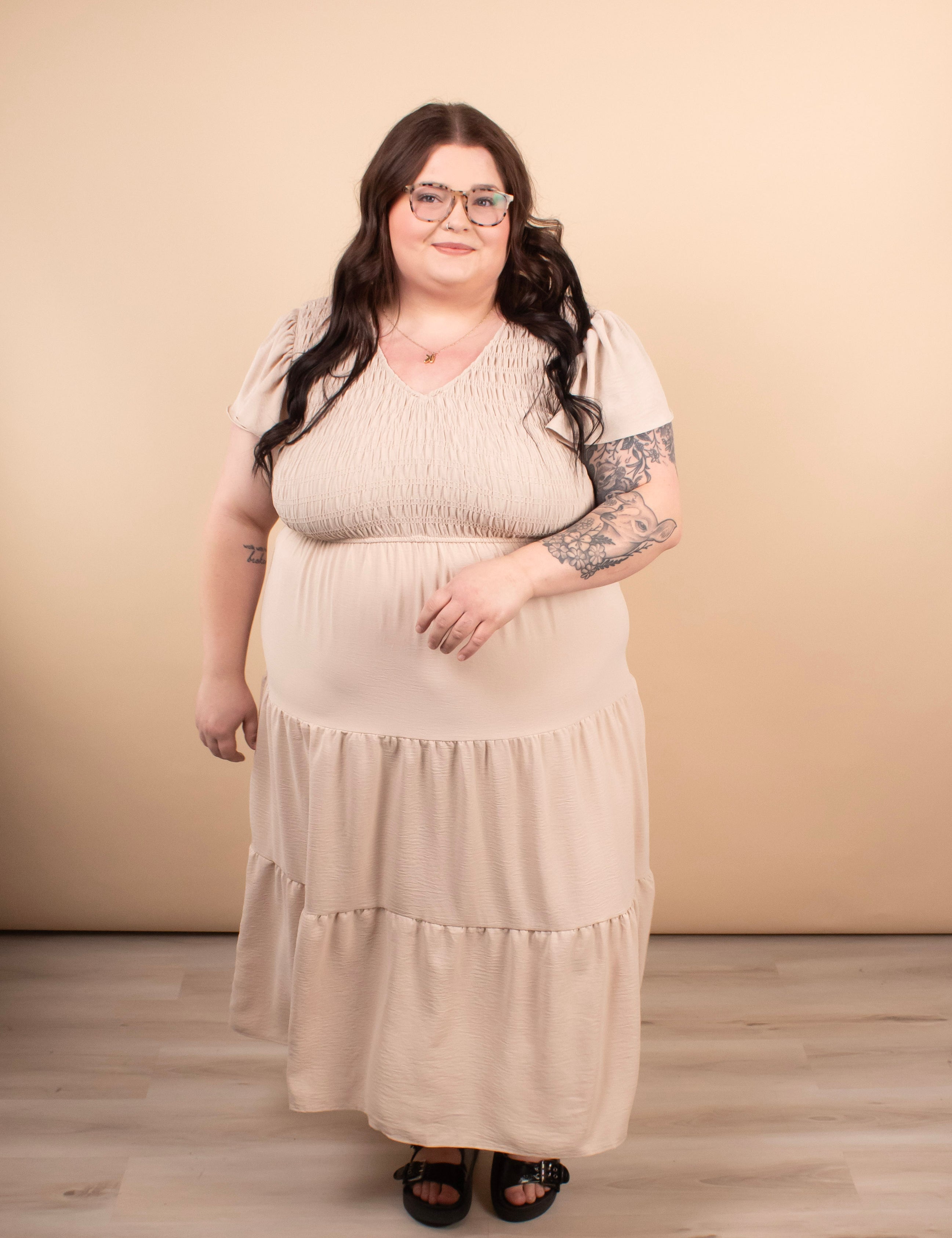 Lila Flutter Sleeve Midi Dress in Beige - K & Company