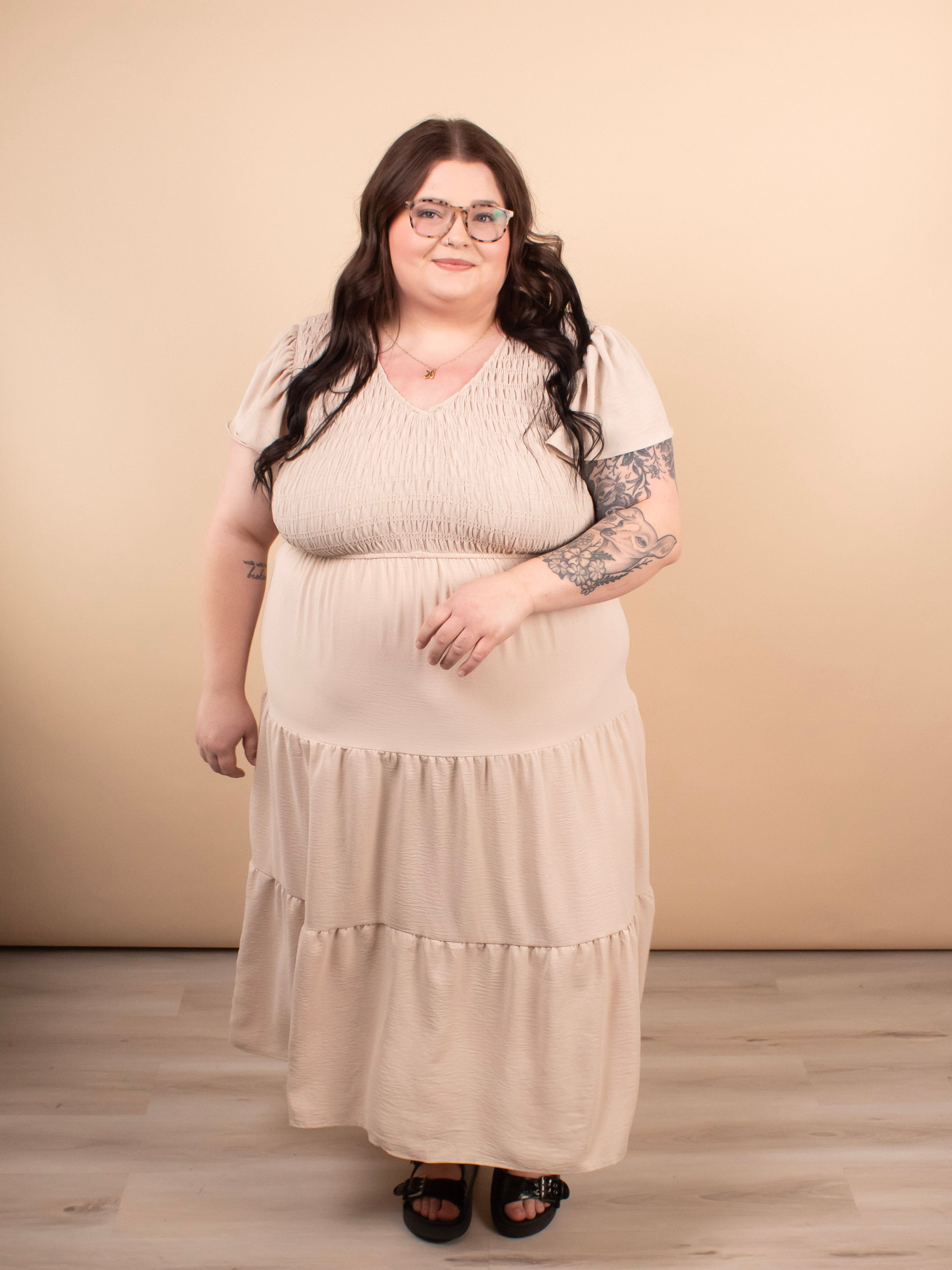 Lila Flutter Sleeve Midi Dress in Beige - K & Company