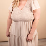 Lila Flutter Sleeve Midi Dress in Beige - K & Company