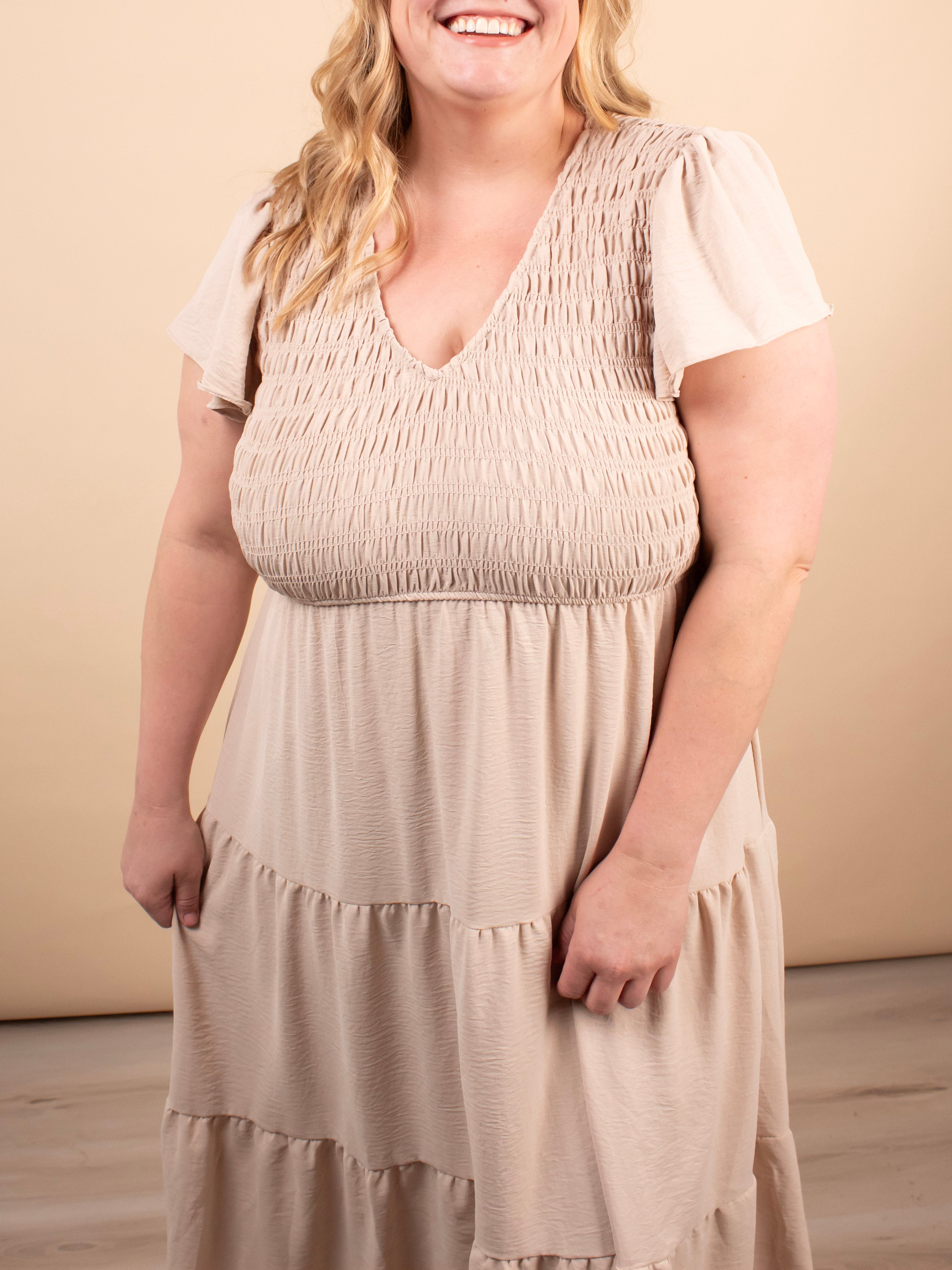 Lila Flutter Sleeve Midi Dress in Beige - K & Company