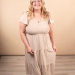 Lila Flutter Sleeve Midi Dress in Beige - K & Company