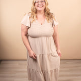 Lila Flutter Sleeve Midi Dress in Beige - K & Company