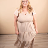 Lila Flutter Sleeve Midi Dress in Beige - K & Company