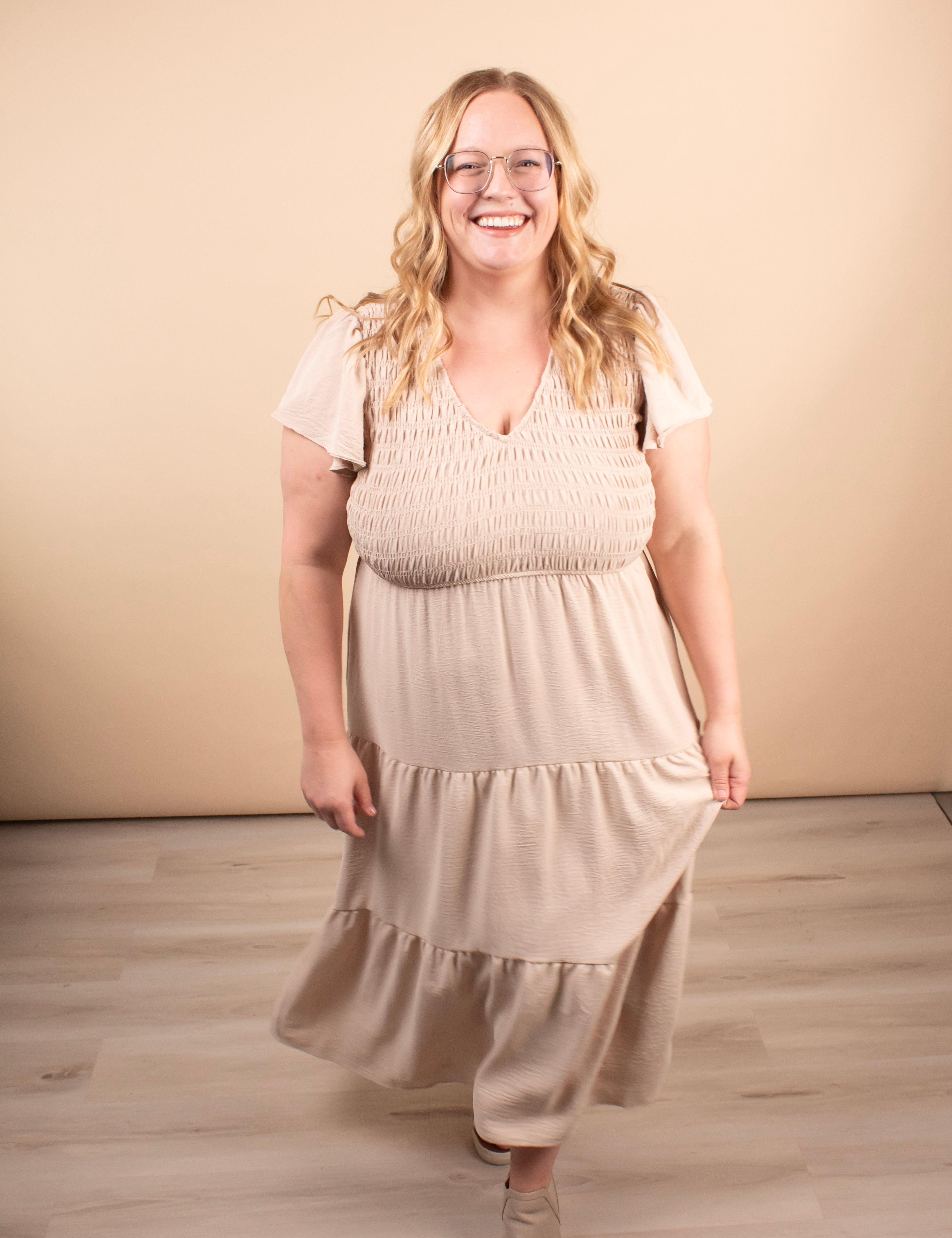 Lila Flutter Sleeve Midi Dress in Beige - K & Company