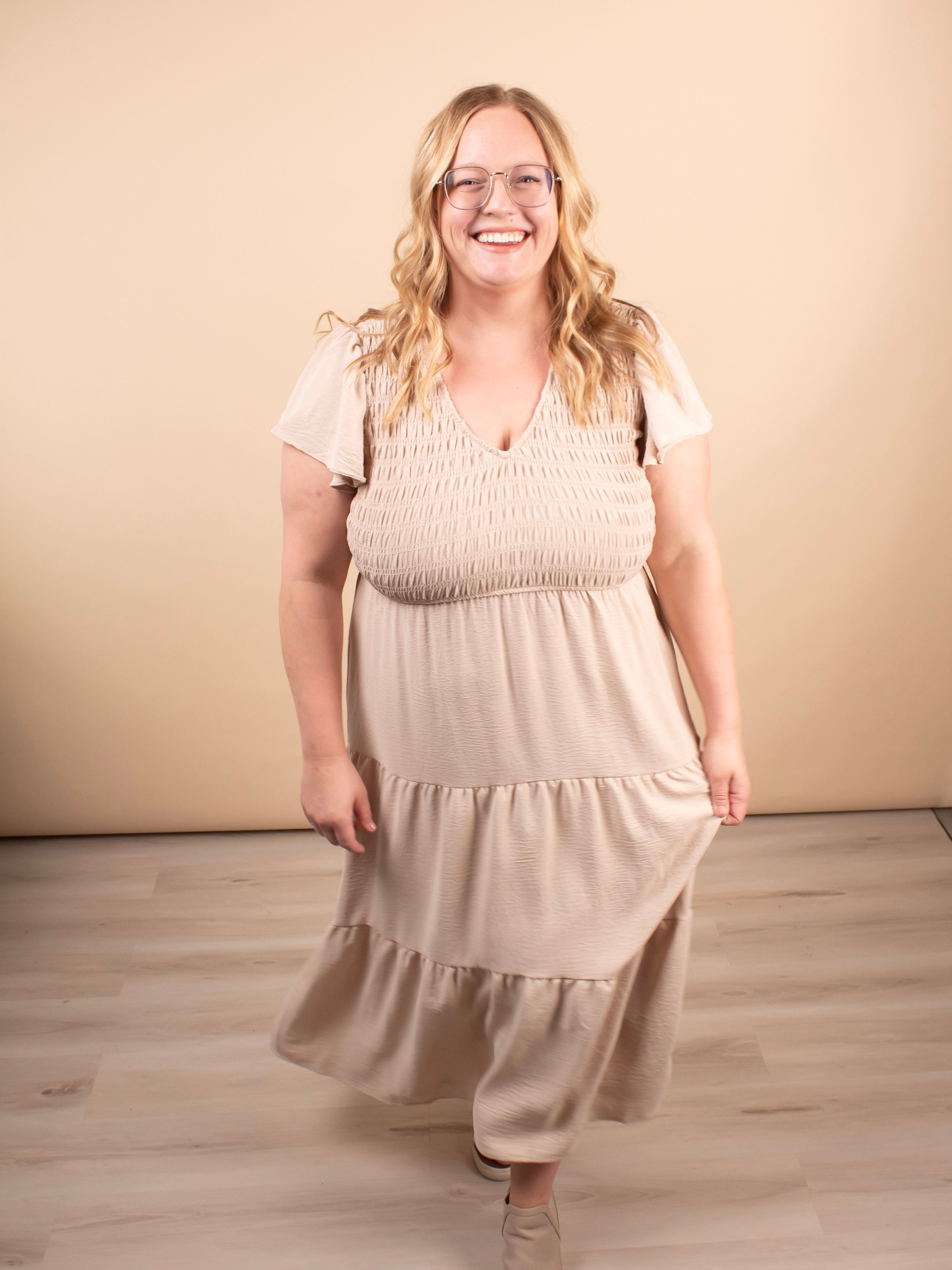 Lila Flutter Sleeve Midi Dress in Beige - K & Company