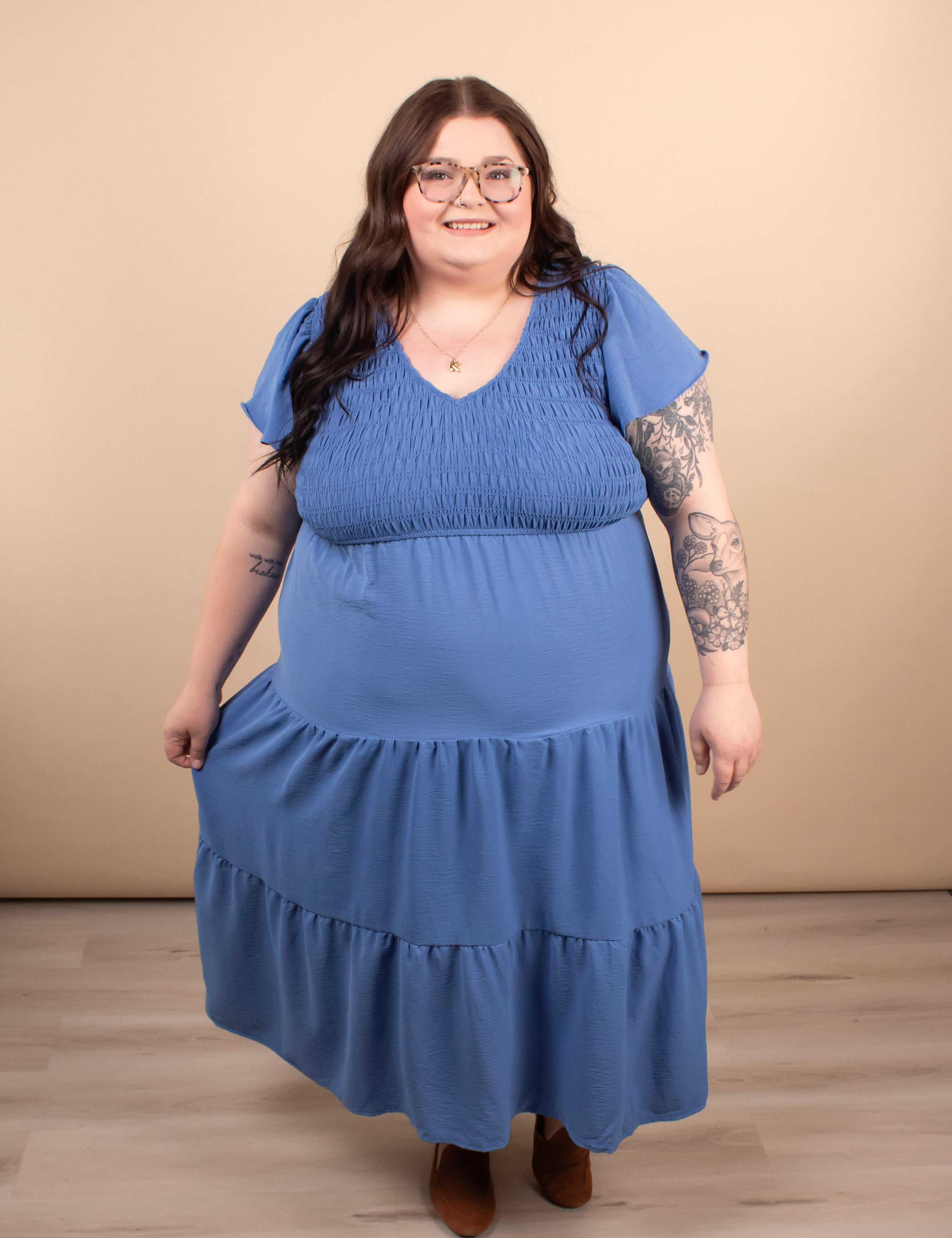 Lila Flutter Sleeve Midi Dress in Blue - K & Company