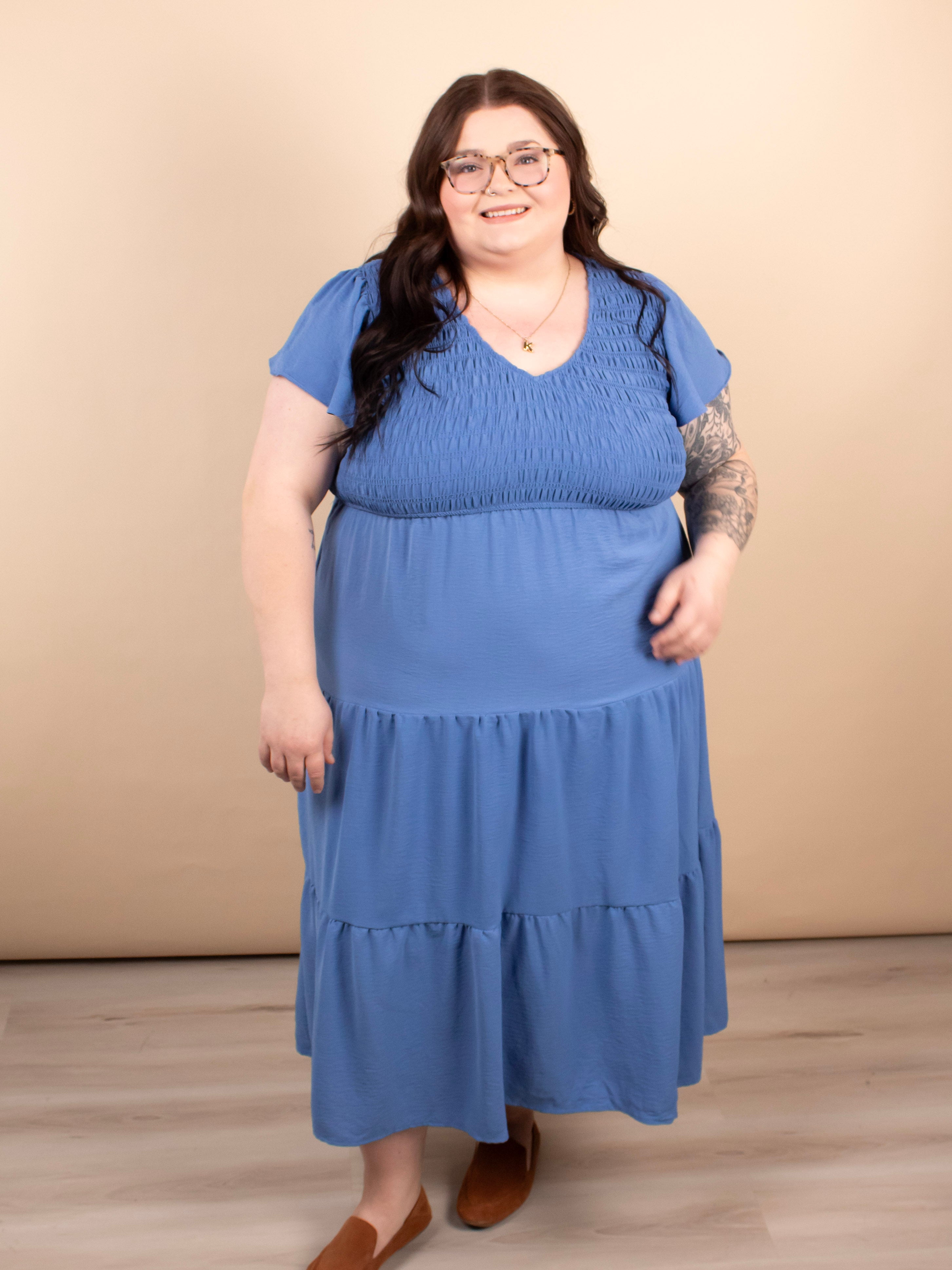 blue flutter sleeve midi dress Petal and Pup Women's Nova Flutter Sleeve Midi Dress