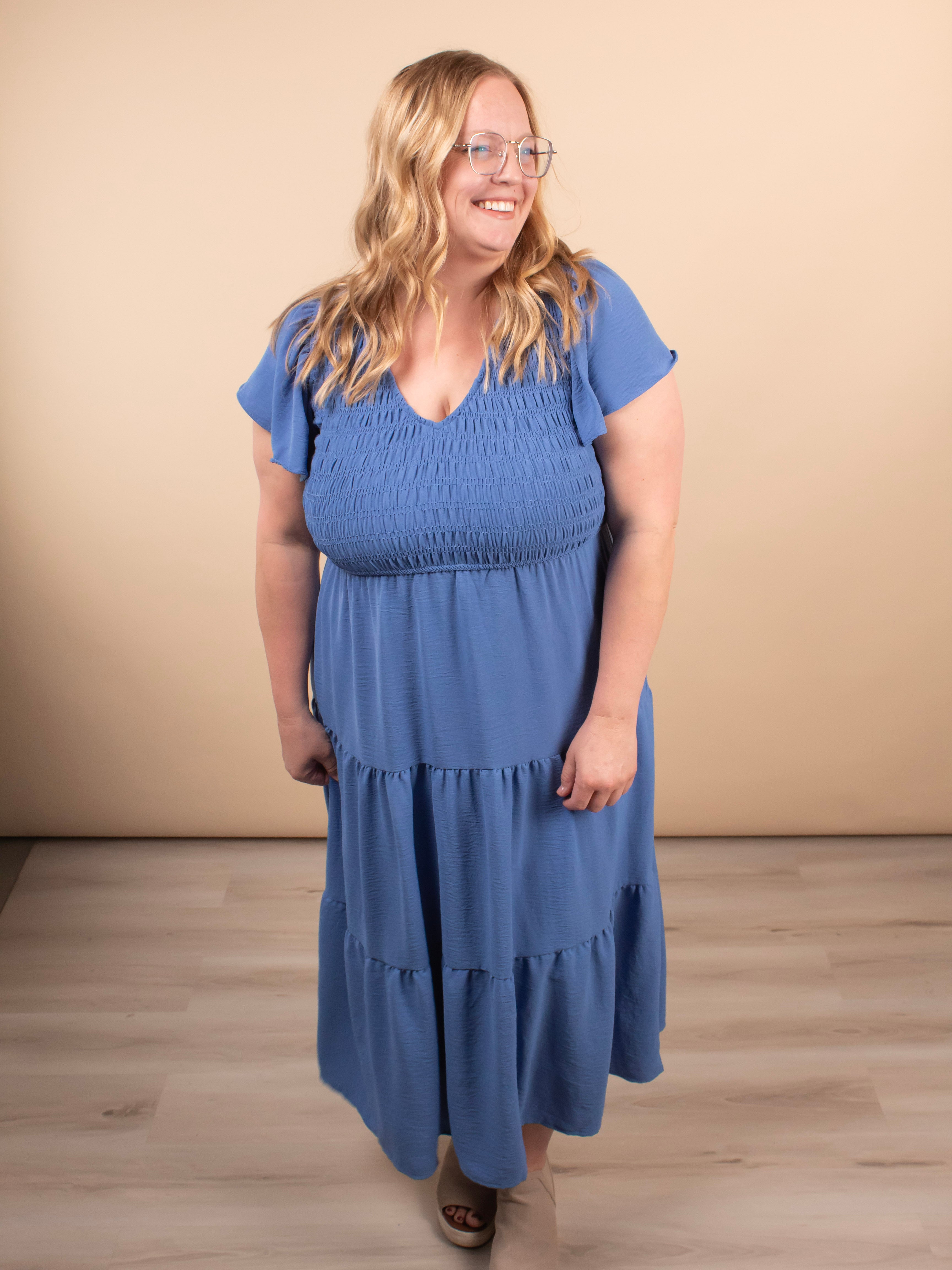 Lila Flutter Sleeve Midi Dress in Blue - K & Company