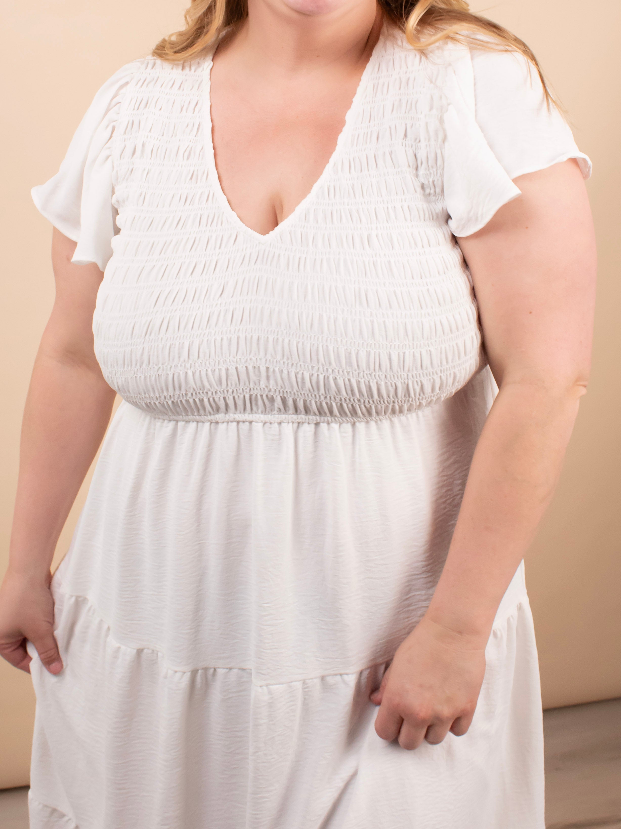 Lila Flutter Sleeve Midi Dress in White - K & Company