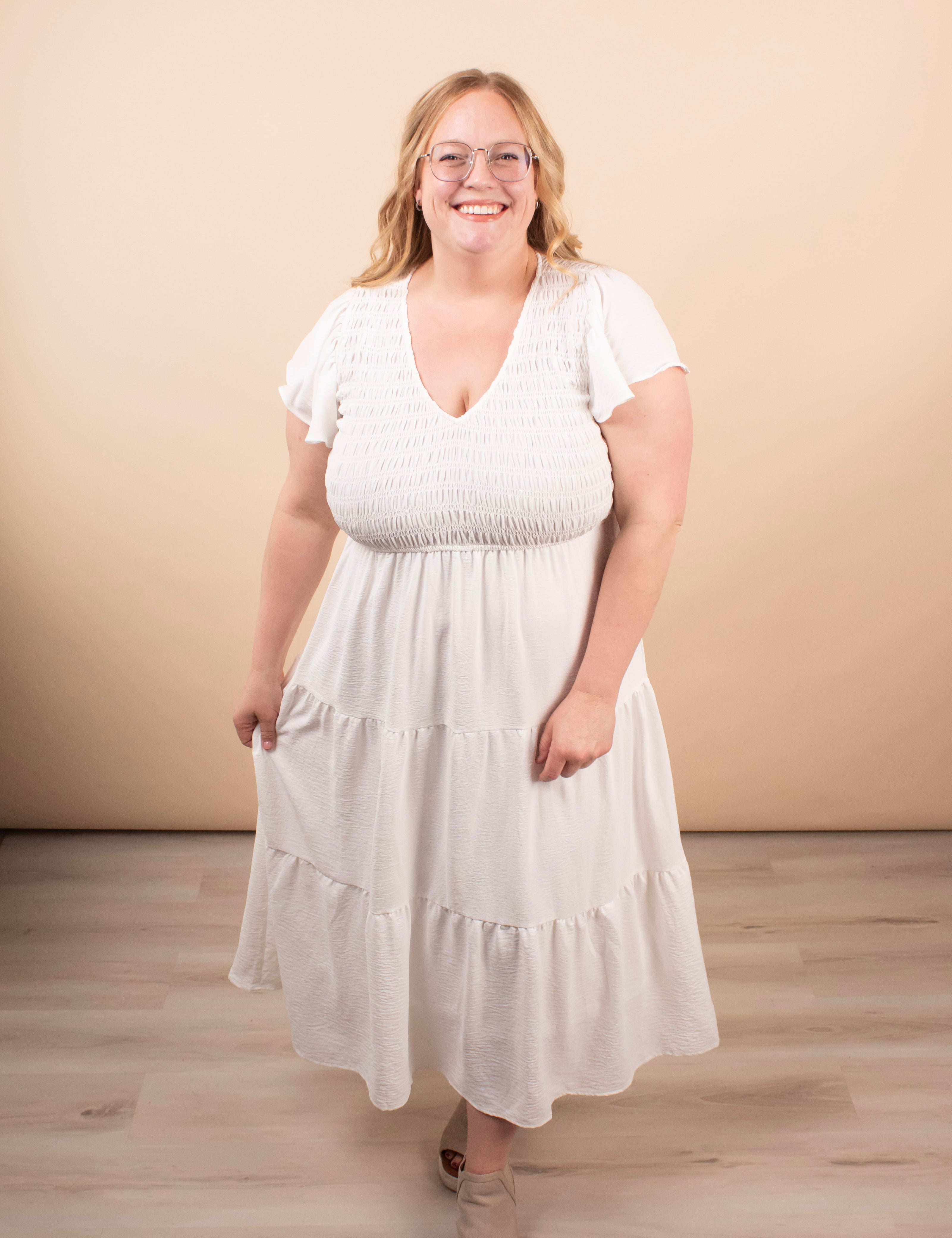 Lila Flutter Sleeve Midi Dress in White - K & Company