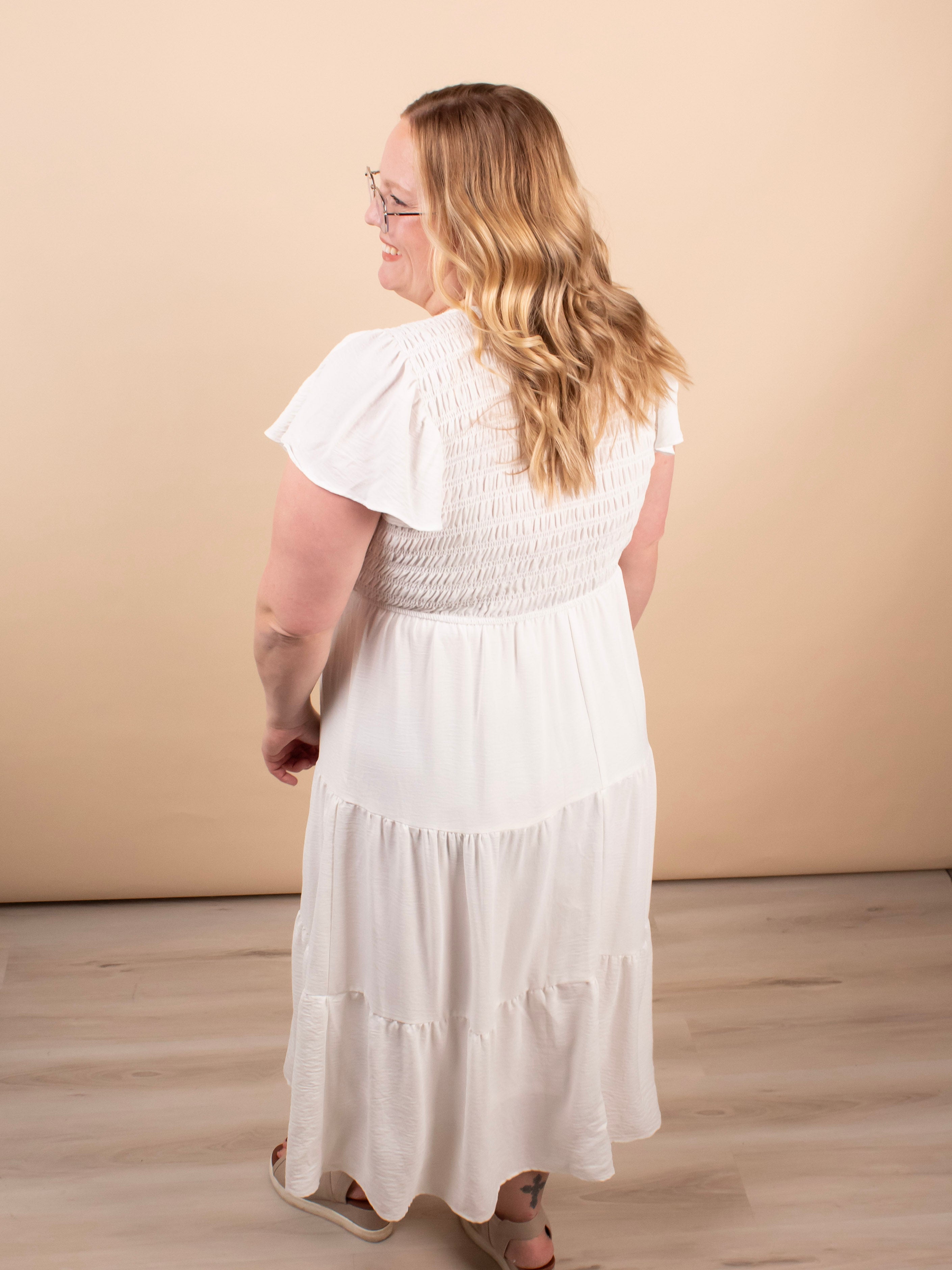 Lila Flutter Sleeve Midi Dress in White - K & Company