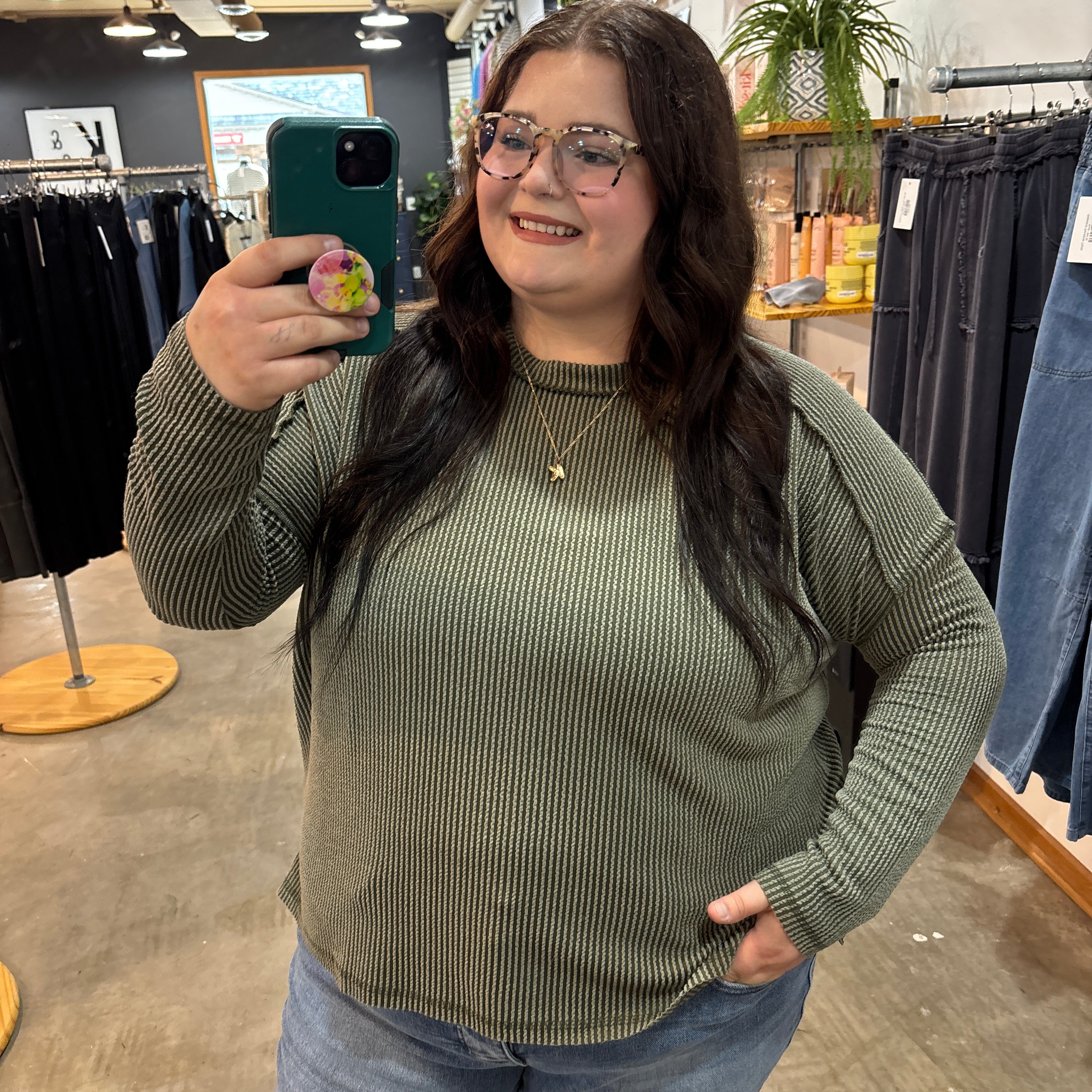 Out and About Ribbed Long Sleeve - Olive - K & Company