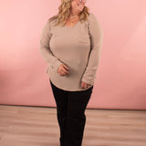 Penelope Taupe Pocket V-Neck Long Sleeve Top