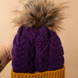 Purple & Gold Cable Knit Pom Beanie