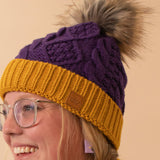 Purple & Gold Cable Knit Pom Beanie