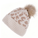 Leopard Pom Pom Beanie in Bone