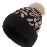 Leopard Pom Pom Beanie in Black