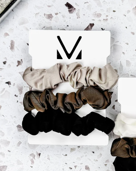 Satin Neutral Trio Scrunchies in Tan/Brown/Black - K & Company