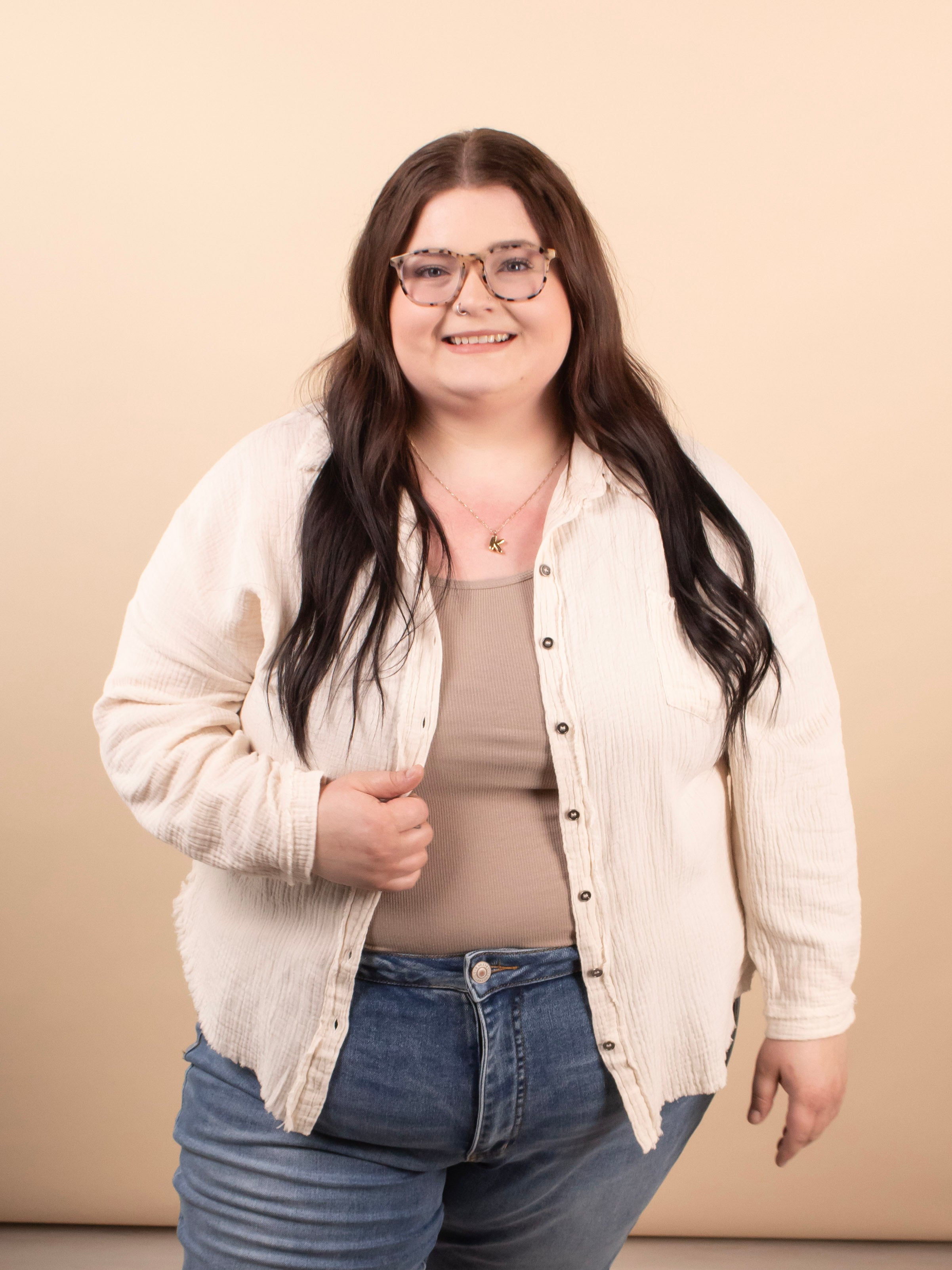 Spring Skies Gauze Button Down in Beige - K & Company