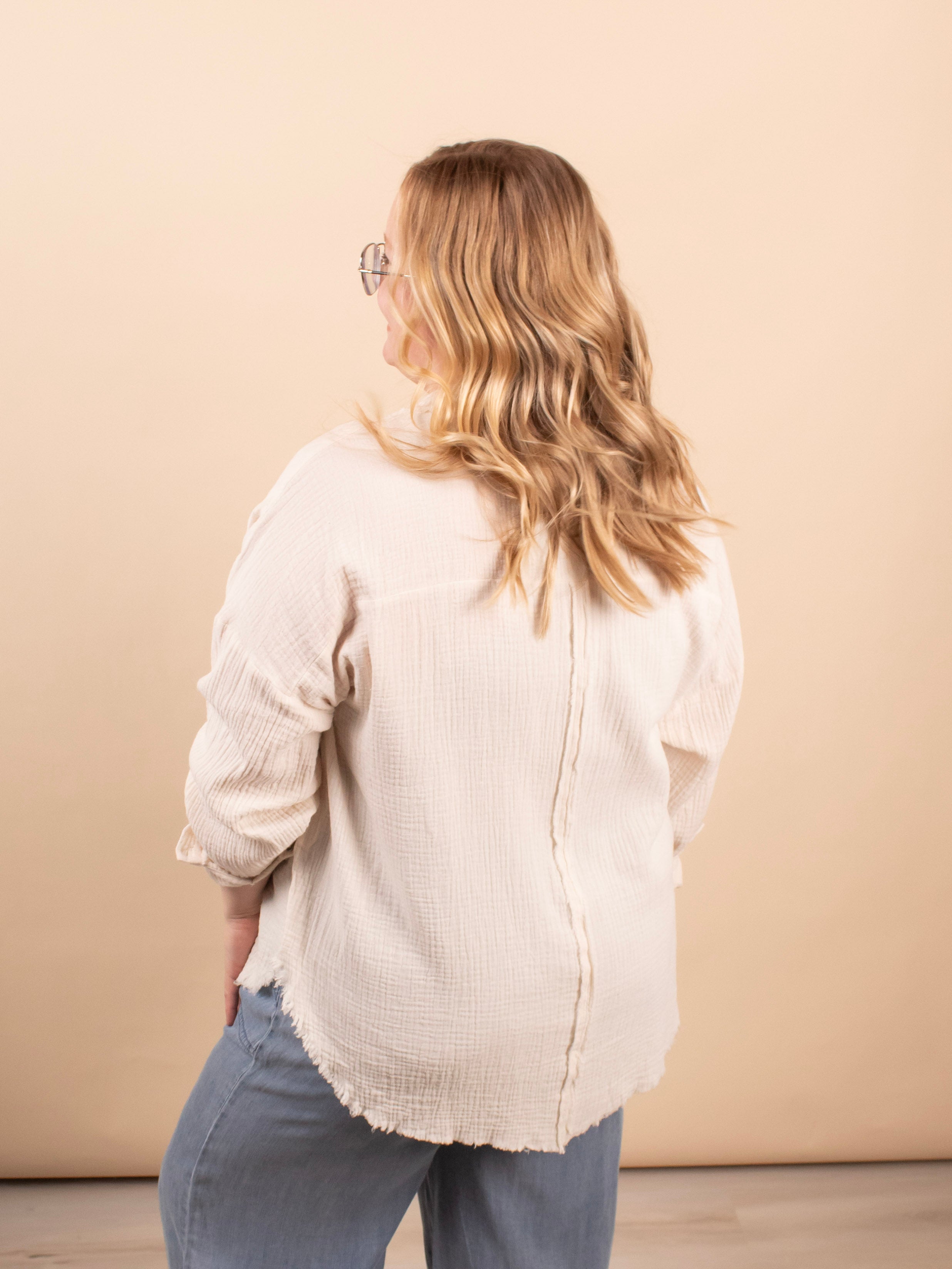 Spring Skies Gauze Button Down in Beige - K & Company